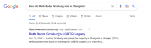 screenshot of top Google result linking to accurate page on Ruth Bader Ginsburg's LGBTQ legacy