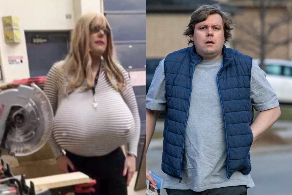 Trans teacher with Z-cup prosthetic breasts dresses as a MAN outside of  school