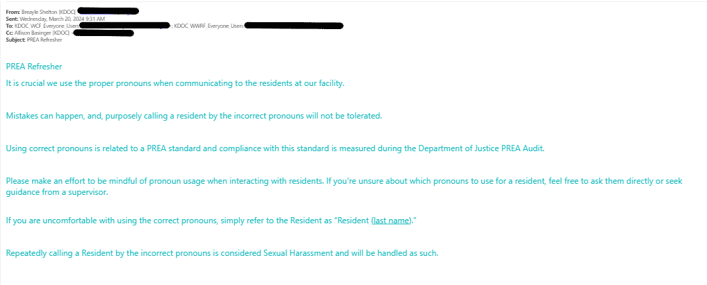 email threaening employees with disciplinary action for misgendering inmates